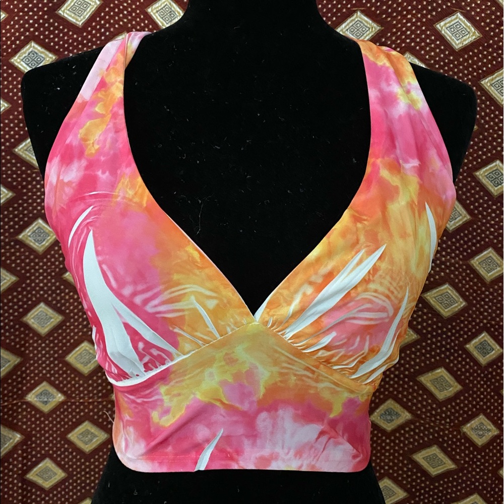 Hippie pink, orange & yellow boho crop halter top